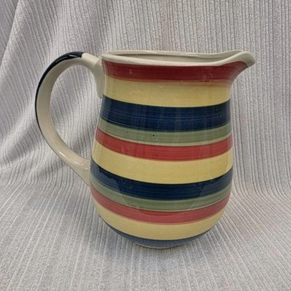 Swirl Hand Painted Collection 32 oz Striped Ceramic Pitcher w/ Blue Handle